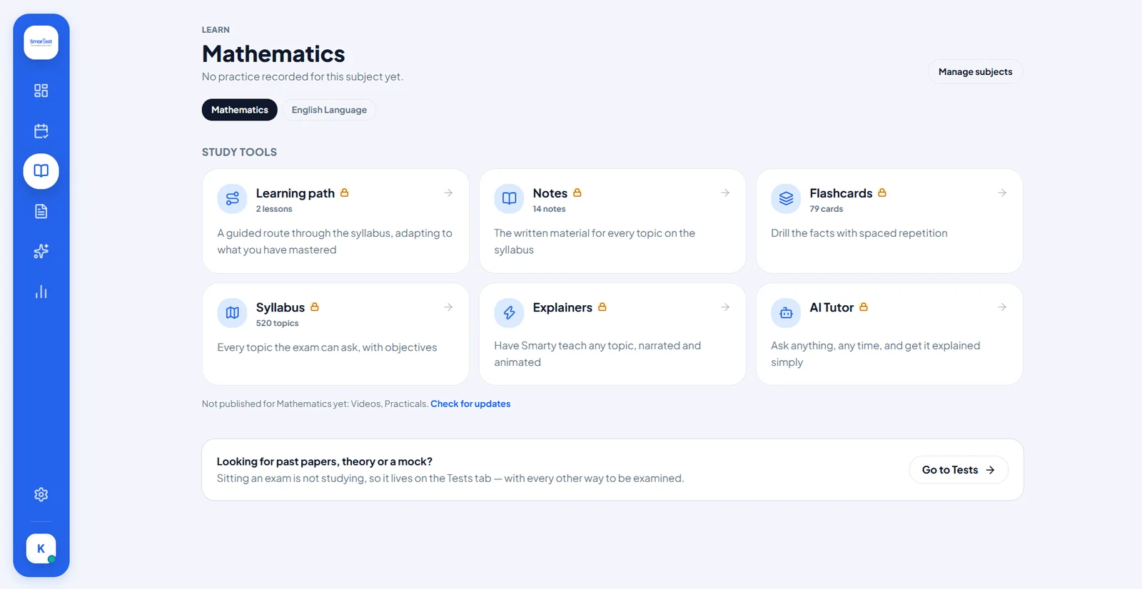 The Learn tab — learning path, notes, flashcards, syllabus, explainers and the AI tutor for the chosen subject