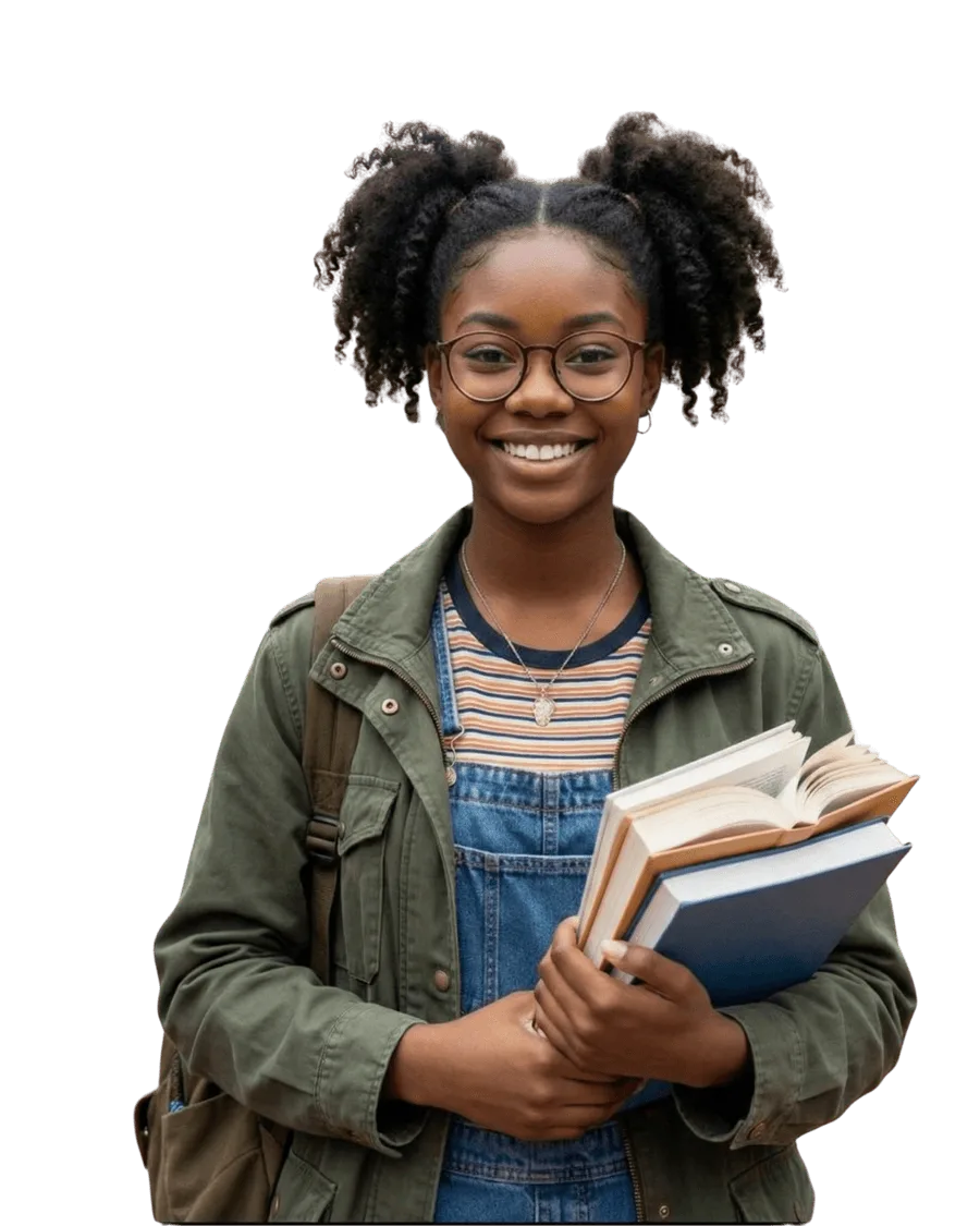A Nigerian student holding books, smiling